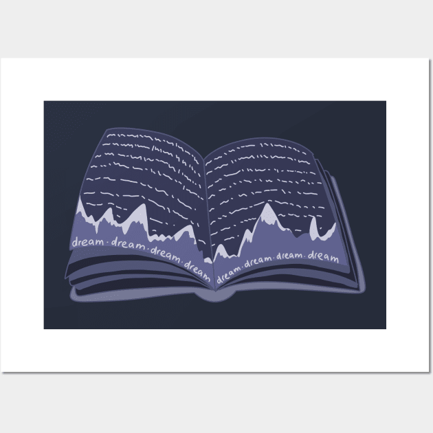 Dark blue, magic dreamer book with snowy mountains and the night sky with stars (for readers) Wall Art by loulou-artifex